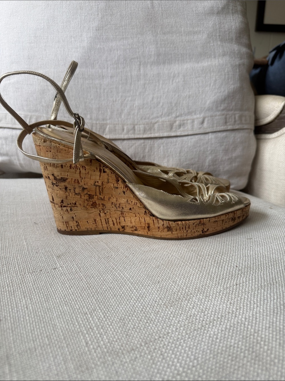 Metallic Gold Cork Wedge Slingback Sandals